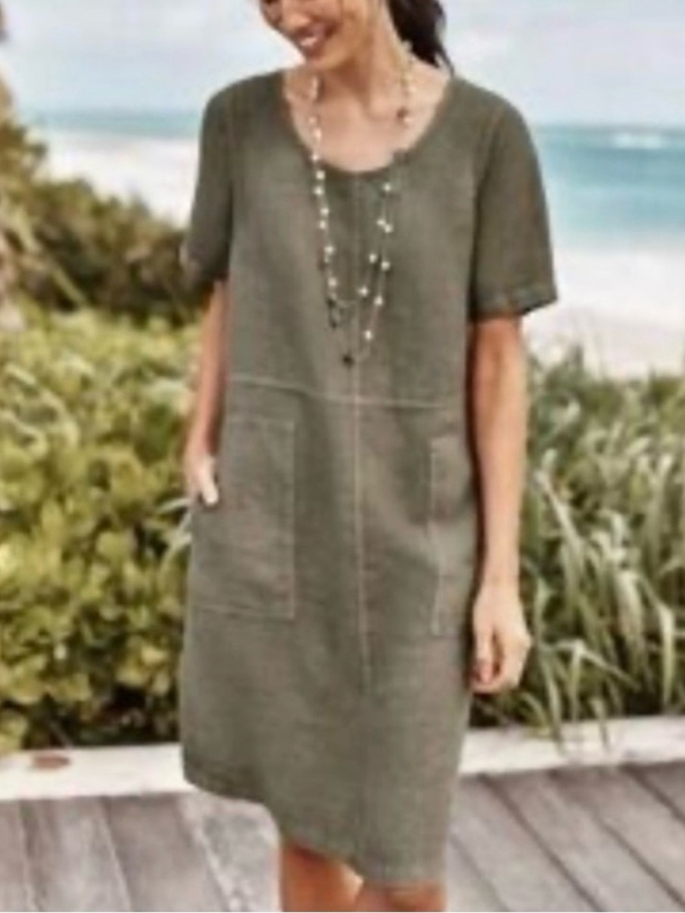 J. Jill PureJill Linen Coastline Dress Khaki Short Sleeves Pockets Lagenlook Med